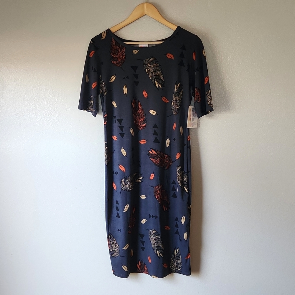 LuLaRoe NWT Medium Julia - Grey with Orange and tan feathers